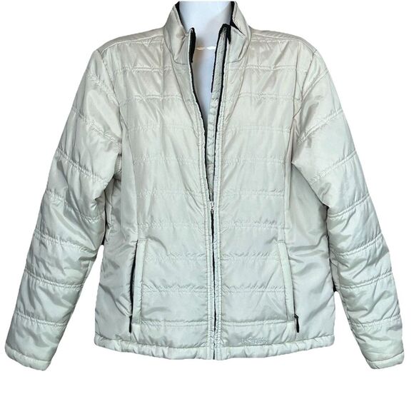 VTG LL Bean Puffer Jacket Womens L Ivory Quilted Sherpa Lined Zip Pockets 9 U593 - Picture 1 of 10